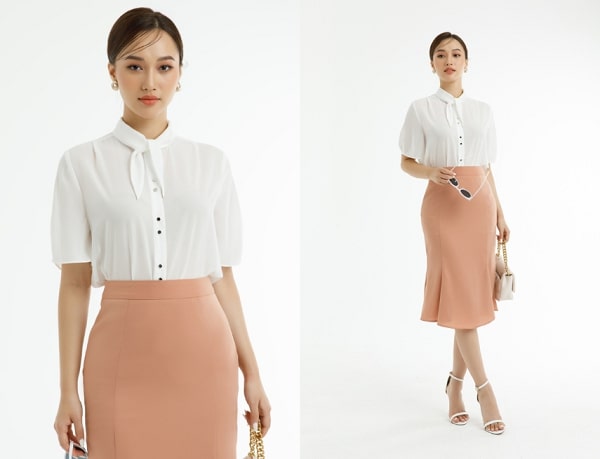 Áo sơ mi slimfit kết hợp với chân váy