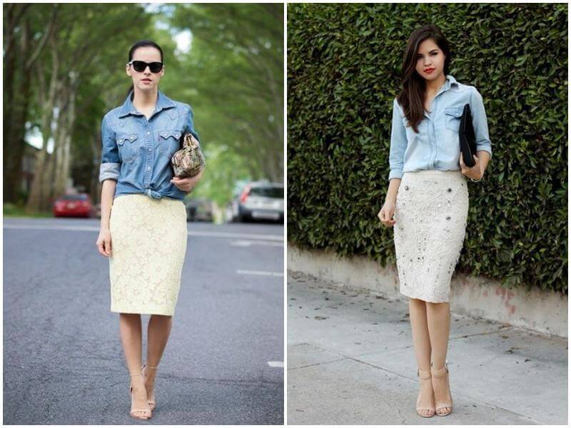Chân váy trắng cùng áo denim.