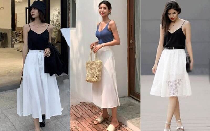 Cách phối với chân váy trắng cho nàng bánh bèo.