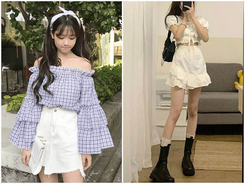 Chân váy trắng mặc cùng áo nhiều hoạ tiết.