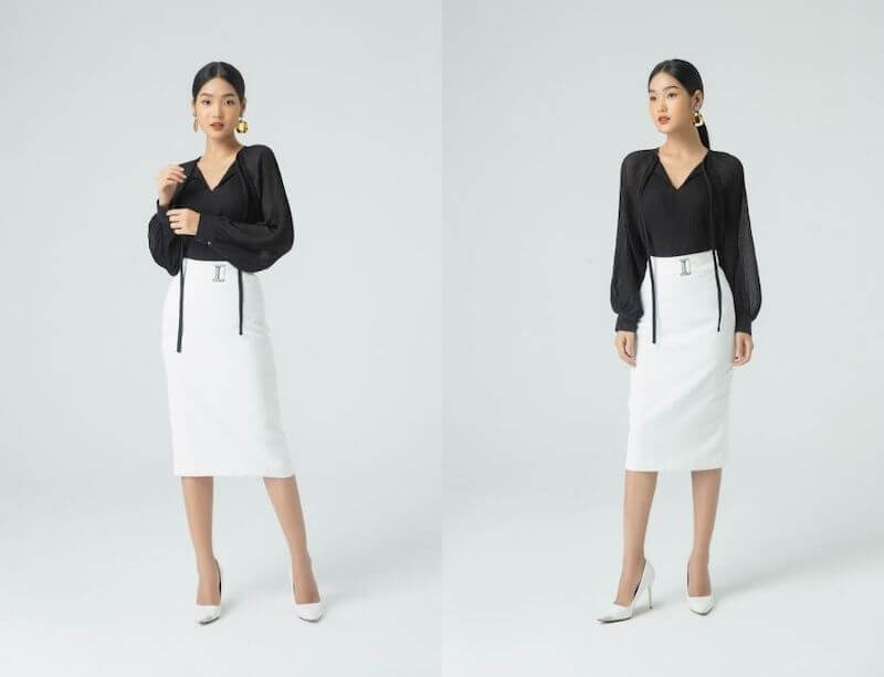 Chân váy trắng mặc cùng áo sơ mi.