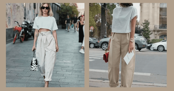 Phối hợp quần baggy cùng áo croptop ngắn.